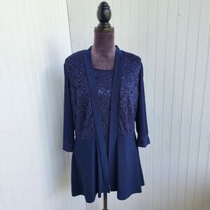 R&M Richards Women's Navy Blue Top  Sparkle Elegant Stretch 3/4 Sleeve Sz 14W